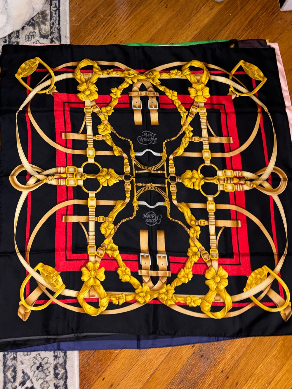 Hermes Black, Gold & Red Equestrian Print Silk Scarf